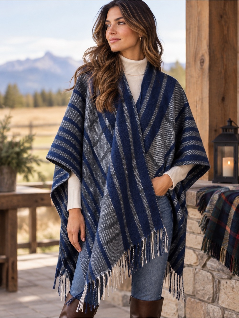 Woolrich Navy Blue Gray Plaid Poncho Wrap One Size Fringe Boho Cape